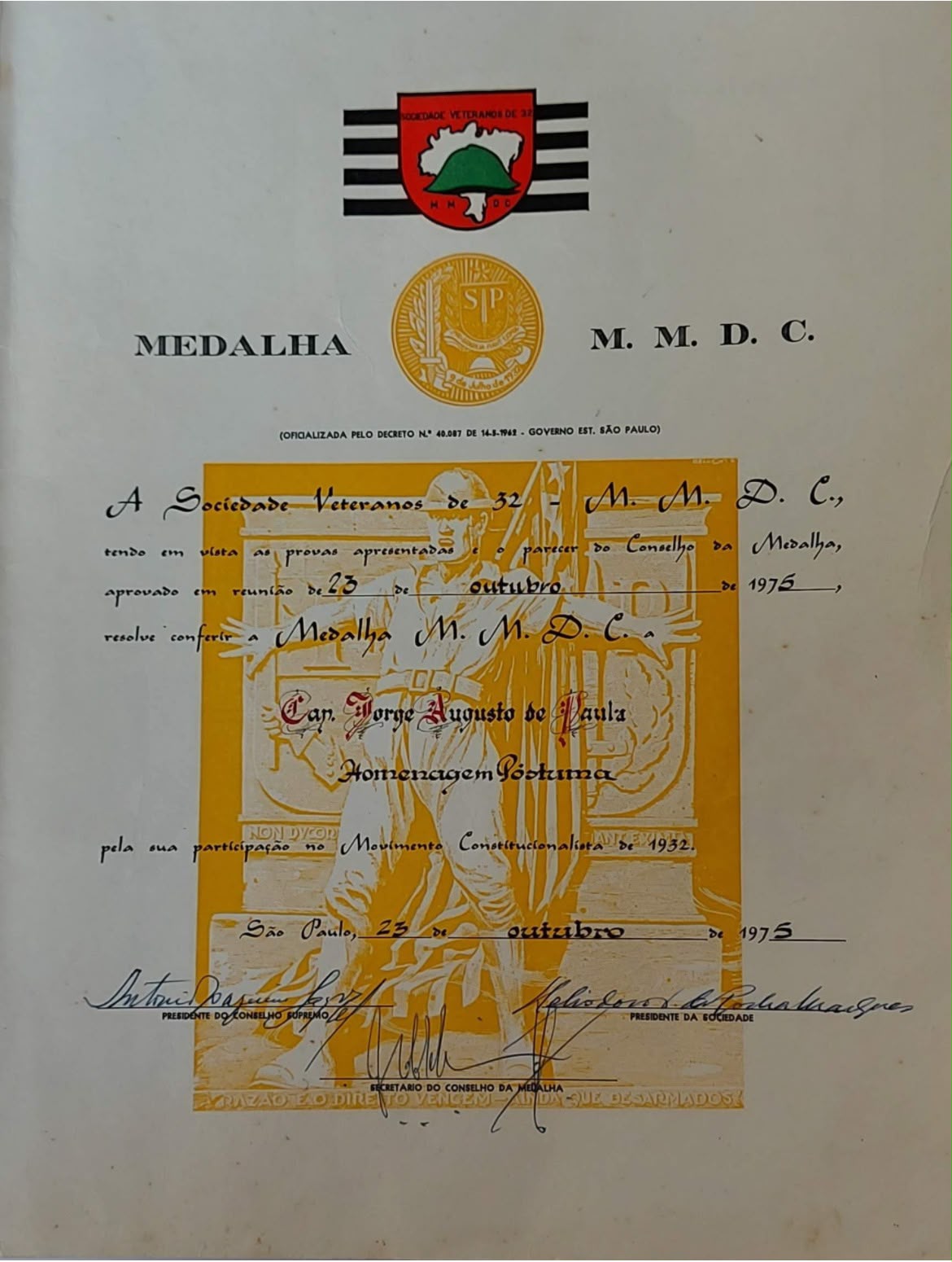 Certificado medalha M.M.D.C
